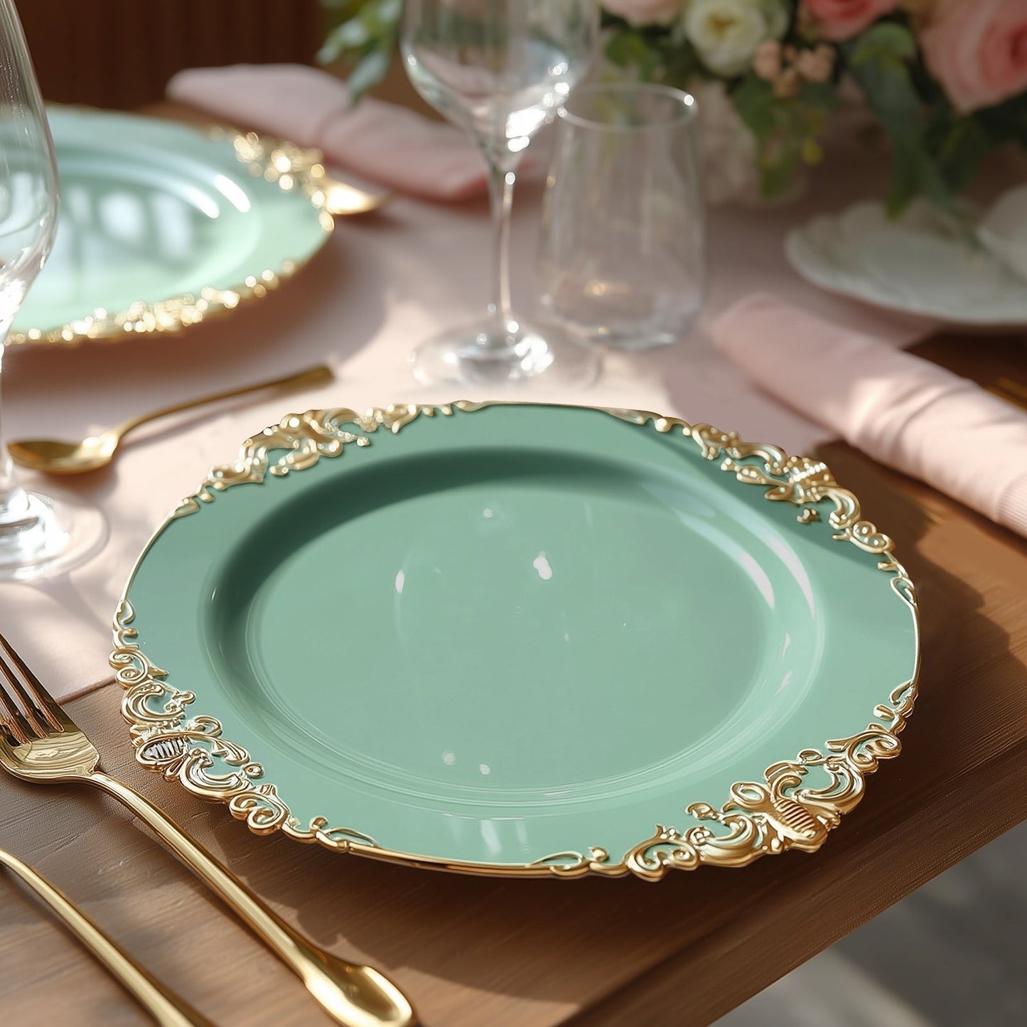20-Pack Economy Plastic Round Charger Plates 13’’ in Dusty Sage Green with Gold Embossed Baroque Rim Stylish Dinner