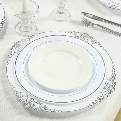 20-Pack Economy Plastic Round Charger Plates 13’’ in White with Silver Embossed Baroque Rim Stylish Dinner Party