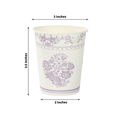 24 Pack Disposable Paper Cups in White Lavender Damask Floral Pattern Elegant Party Cups - 9oz - Disposables