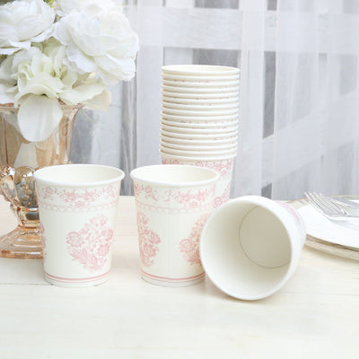 24 Pack Disposable Paper Cups in White Pink Damask Floral Pattern Elegant Party Cups - 9oz - Disposables