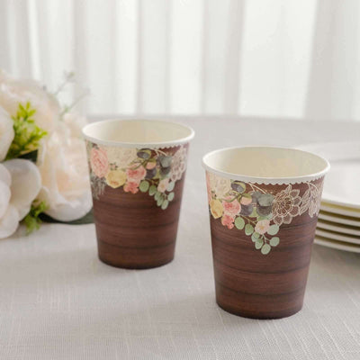 24-Pack Paper Cups 9oz Brown Wood Print with Floral Lace Rim - Chic Disposable Party Cups for Rustic Decor & Themed