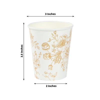 24-Pack Paper Cups in White with Gold French Toile Print - Stylish Disposable Floral Party Cups for Weddings & All