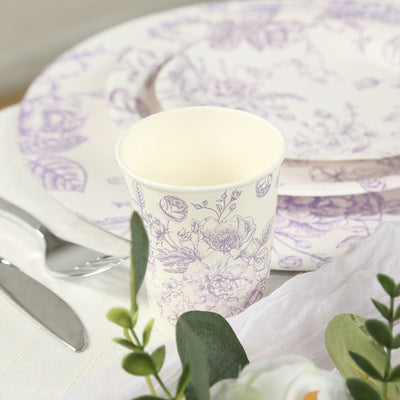 24-Pack Paper Cups in White with Lavender Lilac French Toile Print - Stylish Disposable Floral Party Cups for Weddings