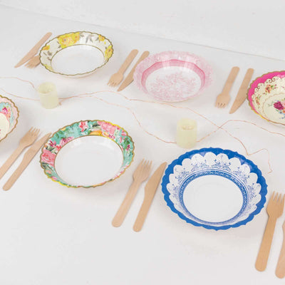 24-Pack Paper Dessert Bowls Vintage Mixed Floral Design Round - Ideal for Parties and Salads 7’’ 300 GSM - Disposables