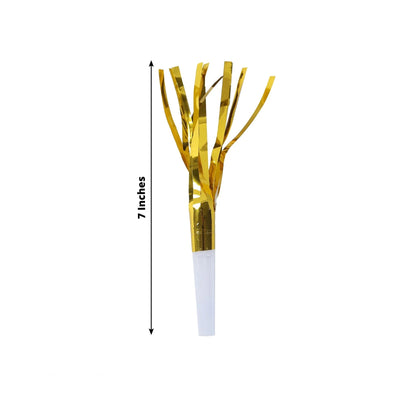 24 Pack Party Horn Noisemakers with Tassels - 7’’ Gold Metallic Fringed Blowouts for Events and Gatherings - Plastic &
