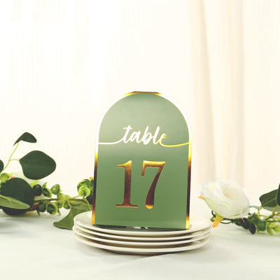 25-Pack 7’’ Disposable Table Numbers Sage Green Free Standing Double Sided Table Number Place Cards with Metallic Gold