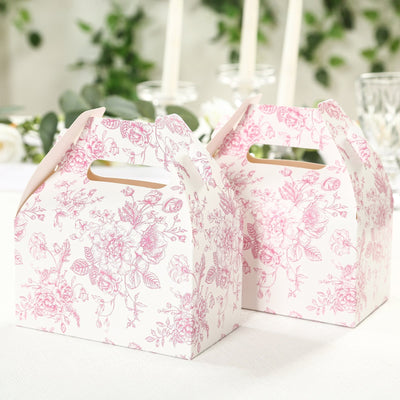 25 Pack Candy Treat Tote Boxes in French Toile Pattern - Matte Pink and White Party Favor Gable Boxes Cardstock Paper