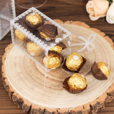 25 Pack Clear Rectangle Candy Gift Boxes With Bowknot and White Lace Pattern 4’’ Transparent Plastic Party Favor Boxes