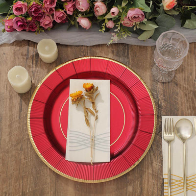 25-Pack Disposable Round Charger Plates in Burgundy Sunray Design with Gold Rim - 350GSM Heavy Duty Paper Chargers 13’’