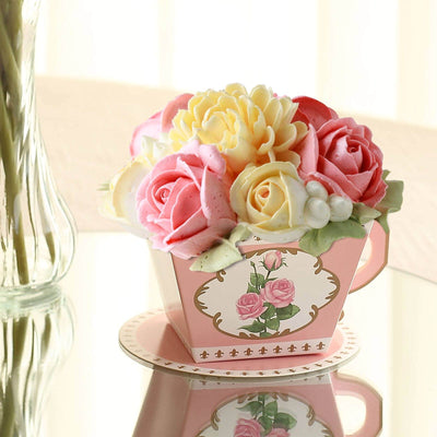 25 Pack Dusty Rose Mini Teacup and Saucer Party Favor Boxes with Rose Floral Print Tea Time Candy Boxes - 4’’x3’’