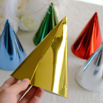25 Pack Mixed Metallic Foil Cone Party Hats Pre-Strung Paper Birthday Hats - 5’’x7’’ - Disposables
