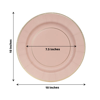 25-Pack Paper 10’’ Round Dinner Plates in Dusty Rose Sunray Design with Gold Rim - Disposable Heavy Duty 350GSM Party