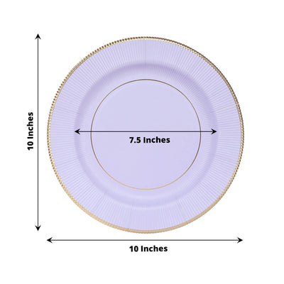 25-Pack Paper 10’’ Round Dinner Plates in Lavender Lilac Sunray Design with Gold Rim - Disposable Heavy Duty 350GSM