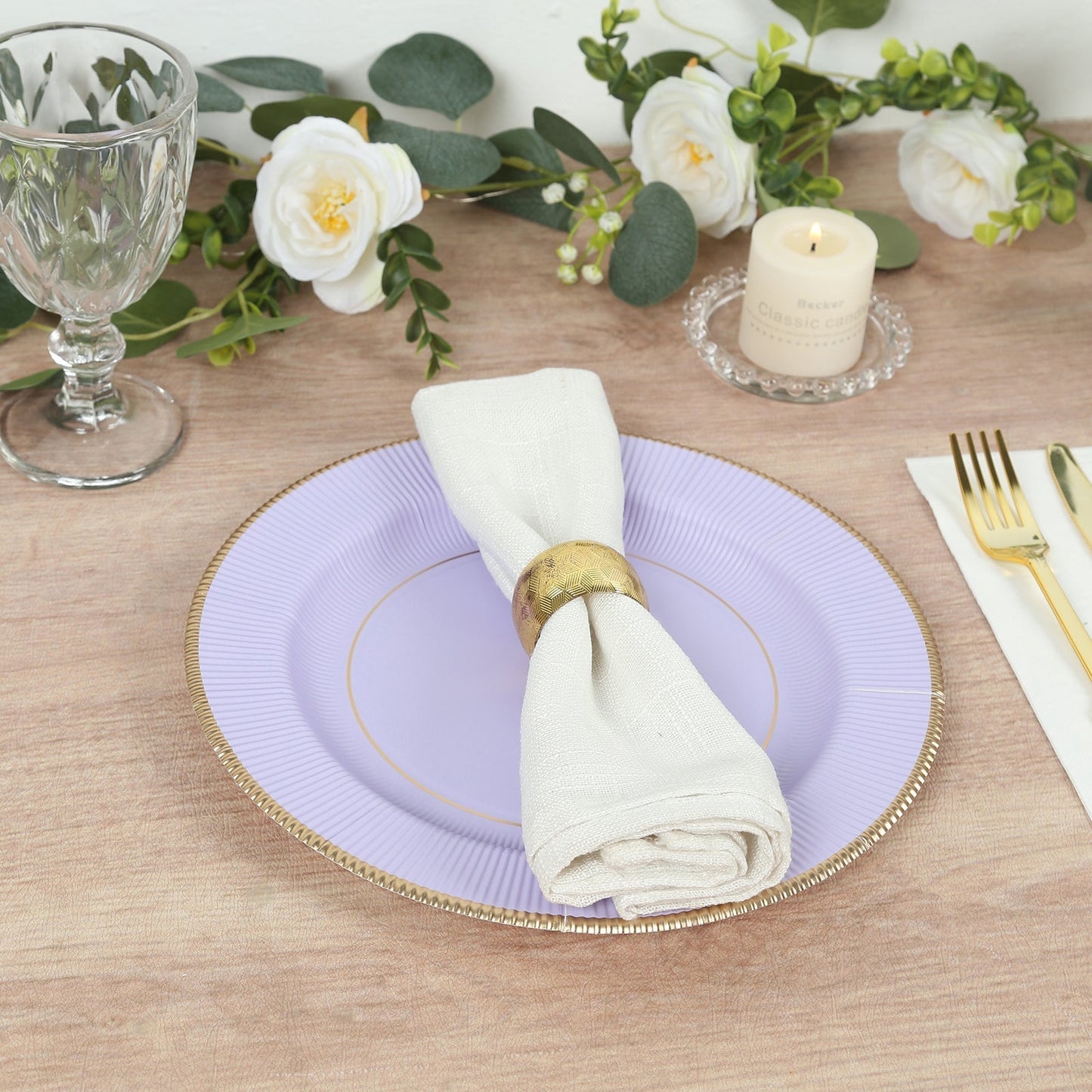 25-Pack Paper 10’’ Round Dinner Plates in Lavender Lilac Sunray Design with Gold Rim - Disposable Heavy Duty 350GSM