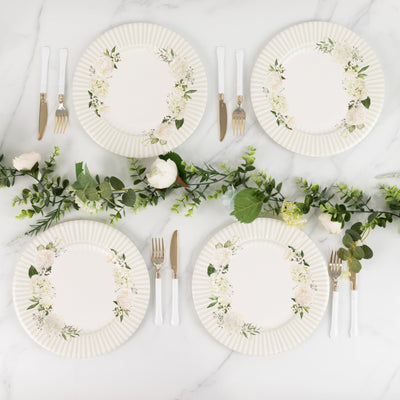 25-Pack Paper 10’’ Round Dinner Plates in White with Sage Green Floral Print & Lined Rim - Disposable Party Plates