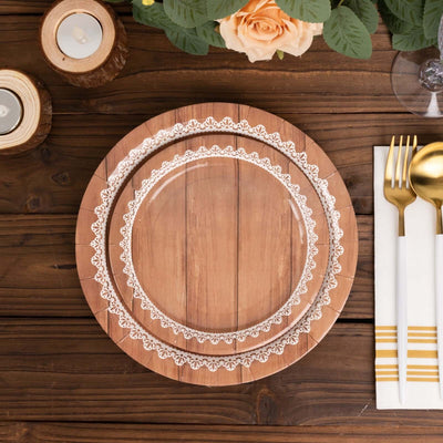 25-Pack Paper 7’’ Round Dessert Plates in Brown Wood Grain Print with White Floral Lace Rim - Disposable Appetizer