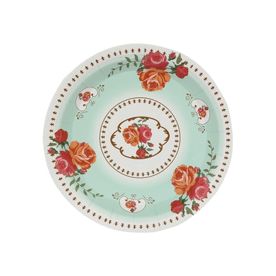 25-Pack Paper 7’’ Round Dessert Plates in Light Turquoise with Vintage Rose Flower Print - Disposable Appetizer Salad