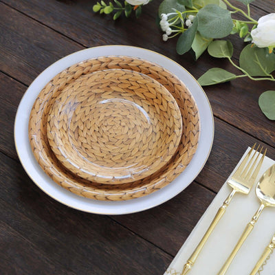 25-Pack Paper 7’’ Round Dessert Plates in Natural with Woven Rattan Print - Rustic Farmhouse Disposable 300GSM