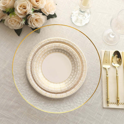 25-Pack Paper 7’’ Round Dessert Plates in White with Gold Basketweave Rim - Disposables