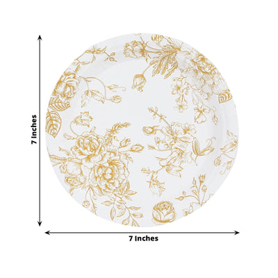 25-Pack Paper 7’’ Round Dessert Plates in White with Gold French Toile Pattern - Disposable Floral Salad Appetizer
