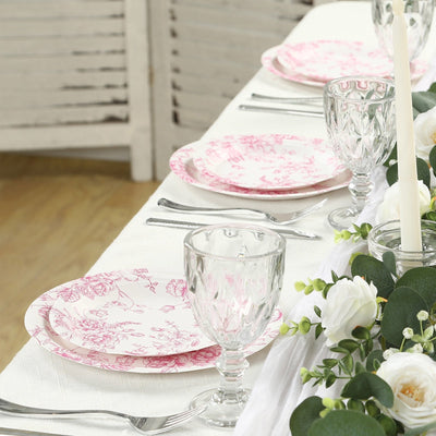 25-Pack Paper 7’’ Round Dessert Plates in White with Matte Pink French Toile Pattern - Disposable Floral Salad