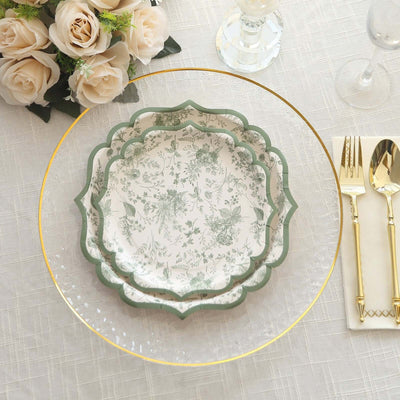 25-Pack Paper 8’’ Dessert Plates in White with Sage Green French Toile Design & Scalloped Rim - Disposable 300GSM Salad