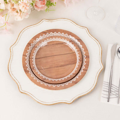 25-Pack Paper 9’’ Round Dinner Plates in Brown Wood Grain Print with White Floral Lace Rim - Disposable Party Plates