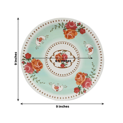 25-Pack Paper 9’’ Round Dinner Plates in Light Turquoise with Vintage Rose Flower Print - Disposables