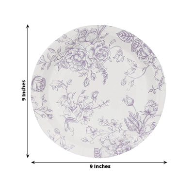 25-Pack Paper 9’’ Round Dinner Plates in White with Matte Lavender French Toile Pattern - Disposable Floral Party