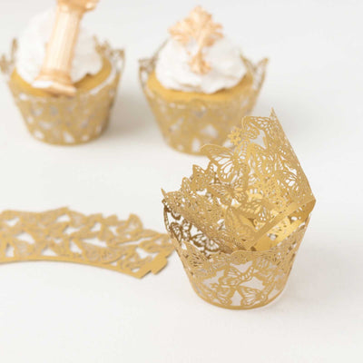 25-Pack Paper Cupcake Liners Butterfly Lace Pattern Design Gold - Round Muffin Wrapper Cups 3’’ - Decorations