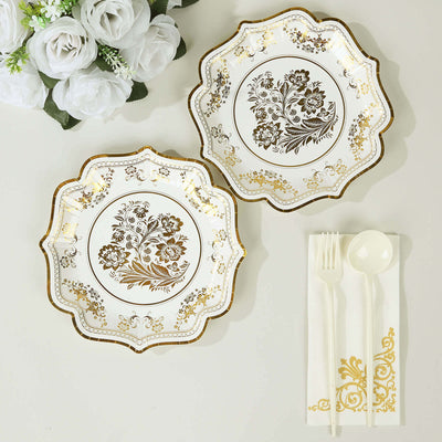 25-Pack Paper Dessert Plates in White with Gold Damask Floral Print & Scallop Rim - Stylish Disposable 300GSM Floral