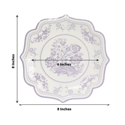 25-Pack Paper Dessert Plates in White with Lavender Lilac Damask Floral Print & Scallop Rim - Stylish Disposable 300GSM