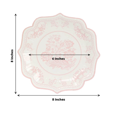 25-Pack Paper Dessert Plates in White with Pink Damask Floral Print & Scallop Rim - Stylish Disposable 300GSM Floral