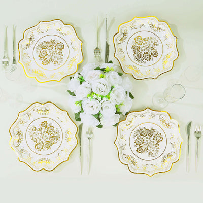 25-Pack Paper Dinner Plates in White Gold Damask Floral Print & Scallop Rim - Stylish Disposable 300GSM Floral Party