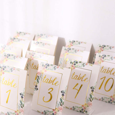 25-Pack Paper Wedding Table Numbers 1-25 White Peony Flower Design - Free Standing Double Sided Table Signs with Glam
