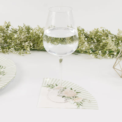25-Pack Round Paper Cocktail Napkins with Floral Lined Pattern White/Sage Green - Disposable 2 Ply Beverage Napkins