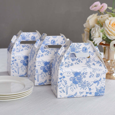 25 Pack White Blue Candy Gift Tote Gable Boxes in French Toile Pattern Party Favor Treat Boxes - 6’’x3.5’’x7’’ - Favor