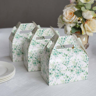 25 Pack White Green Candy Gift Tote Gable Boxes with Eucalyptus Leaves Print Party Favor Treat Boxes - 6’’x3.5’’x7’’