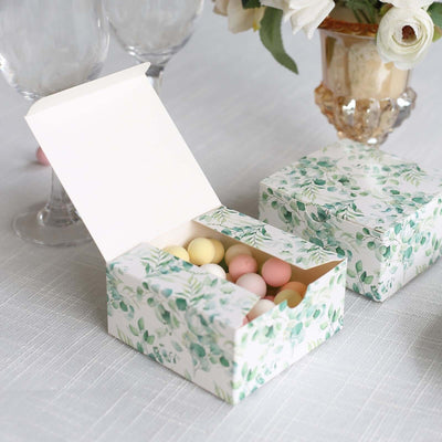 25 Pack White Green Eucalyptus Leaves Print Paper Favor Boxes Cardstock Party Shower Candy Gift Boxes - 4’’x4’’x2’’