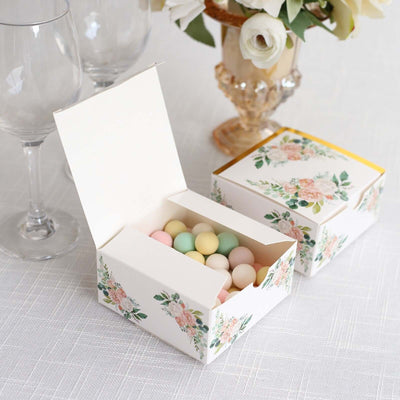 25 Pack White Pink Peony Flowers Print Paper Favor Boxes with Gold Edge Cardstock Party Shower Candy Gift Boxes