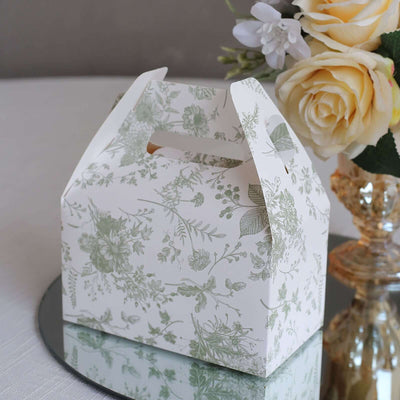 25 Pack White Sage Green Candy Gift Tote Gable Boxes in French Toile Pattern Party Favor Treat Boxes - 6’’x3.5’’x7’’