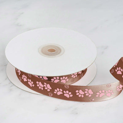 25 Yards 7/8’’ Chocolate Brown Pink Paw Print Satin Ribbon - Ribbons