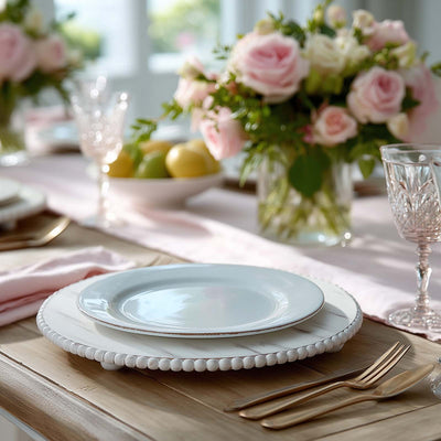 3-Pack 13’’ Rustic Wooden Charger Plates – Antique White Beaded Risers for Centerpieces Cakes - Charger Plates