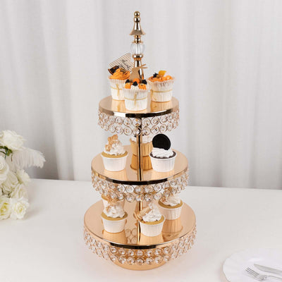 3-Tier Cake Stand Crystal Beaded Gold with Round Mirror Top - Metal Cupcake Tower Dessert Display 26’’ - Cake Stands