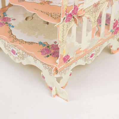 3 Tier Cardboard Cupcake Stand White/Peach Birdcage Style - Charming Reusable Cake Display Holder with Floral Print