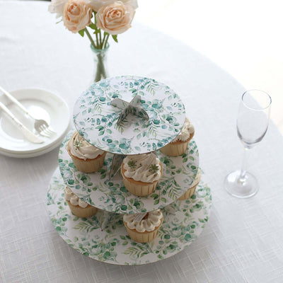 3-Tier Cardboard Cupcake Stand White with Green Eucalyptus Leaves Pattern - Reusable Dessert Display Stand Round