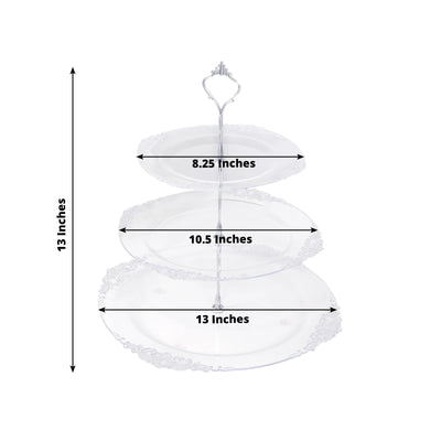 3-Tier Clear Plastic Cupcake Tower Stand with Silver Embossed Baroque Rim 13’’ Round Cake Dessert Holder Display Stand
