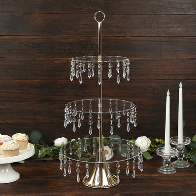 3-Tier Gold Cupcake Stand – 2ft Acrylic and Metal Dessert Display Tower with Hanging Crystals - Cake Stands