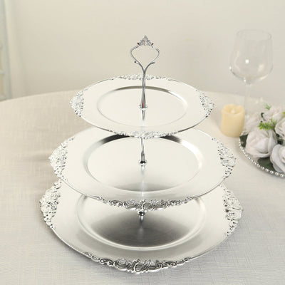 3-Tier Plastic Round Cupcake Stand Metallic Silver with Baroque Rim & Top Handle 13’’ - Cake Stands