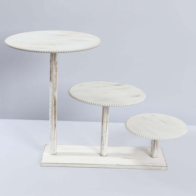 3-Tier Wooden Cake Stand Whitewash with Round Beaded Rim Trays - Rustic Cupcake Tower Dessert Display 24’’x16’’ - Cake